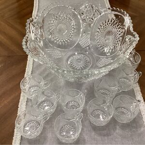 Homestead Clear Punch Bowl & 10 Punch Cups By Duncan & Miller